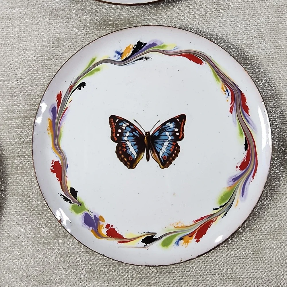 Vintage Brass and Enamel Butterfly Coaster Set Of 6 Cottagecore Boho Decor